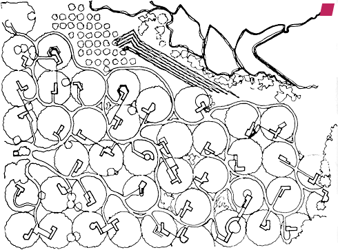 'Galesburg Country Homes' site plan, Galesburg, east of Kalamazoo, Michigan, 1947 by Frank Lloyd Wright from 'Frank Lloyd Wright's Usonian Houses' by John Sergeant, 1976