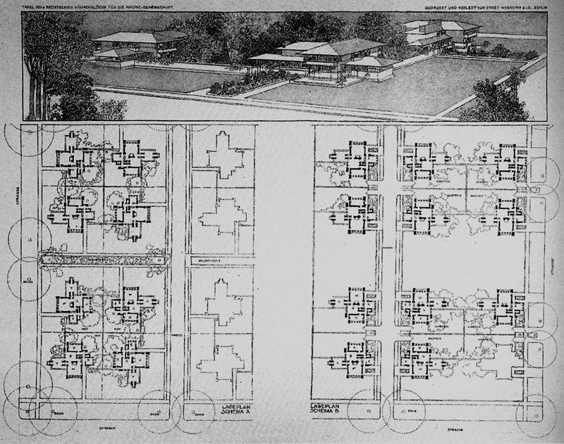 'Quadruple Block Plan' 1903 (Quadruple Block Scheme A, B) by Frank Lloyd Wright from 'FRANK LLOYD WRIGHT: DIE LEBENDIGE STADT' edited by David G. De Long, published by Vitra Design Museum, Weil am Rhein / Skira editore, Milan, 1998