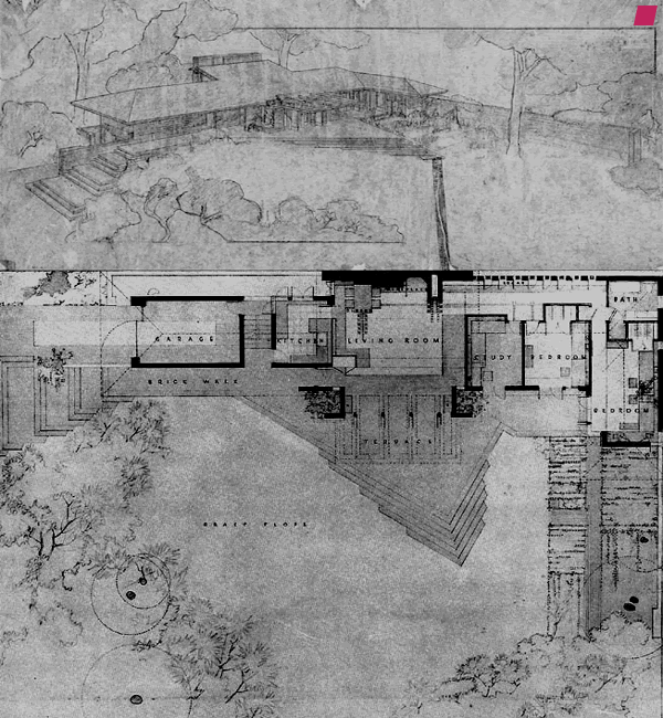 'Malcolm Willey House', Minneapolis - 1933 - 1934, by Frank Lloyd Wright from 'The Drawings of Frank Lloyd Wright' by Arthur Drexler - 1962