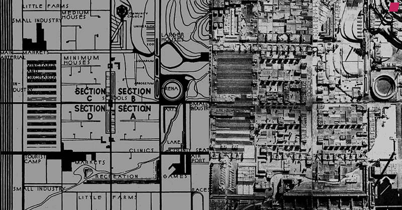 'Broadacre City' plan of model 1945 and 'Broadacre City' model 1934 - 35 by Frank Lloyd Wright, from 'Frank Lloyd Wright' by Bruno Zevi published by Zanichelli Editore Bologna, 1994 [first edition 1979]