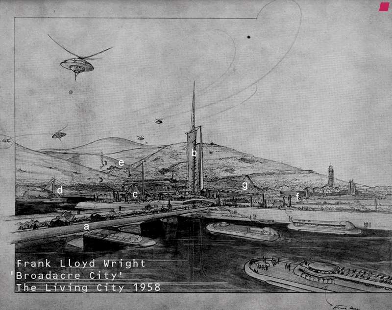 'Broadacre City' The Living City - 1958, by Frank Lloyd Wright from 'The Drawings of Frank Lloyd Wright' by Arthur Drexler 1962