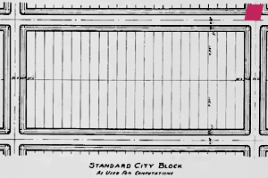 'STANDARD CITY BLOCK' from 'City Residential Land Development: Studies in Planning: Competitive Plans for Subdividing a Typical Quarter Section of Land in the Outskirts of Chicago', edited by Alfred B. Yeomans, The University of Chicago Press, 1916