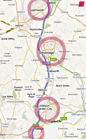 Letchworth, Stevenage, Welwyn Garden City, Hatfield, Google Maps 2009