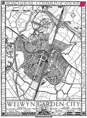 Plan of 'Welwyn Garden City' 1921 by Louis de Soissons, image taken from 'Milton Keynes: image and reality' by Terence Bendixson and John Platt, published by Granta Editions, Cambridge 1992 [reprinted 1998, page 219]