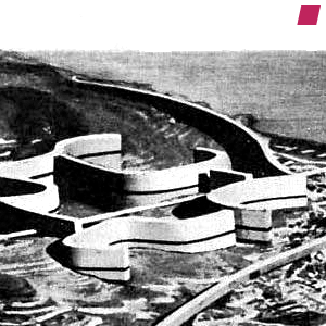 'City-Planning for Algiers, Projekt A [Obus]' by Le Corbusier 1930-34, image of model, detail from 'Le Corbusier 1910-65' edited by Willy Boesiger and Hans Girsberger, published by Birkhäuser 1999
