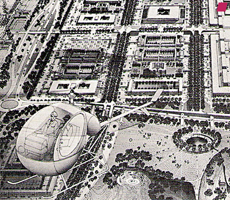 'Aerial view of Central Milton Keynes twenty years in the future' for the Milton Keynes Development Corporation by Helmut Jacoby, published 1974