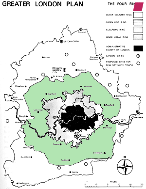 'Greater London Plan' 1944 by [Sir] Patrick Abercrombie from 'New Towns: The British Experience' edited by Hazel Evans, published for the Town and Country Planning Association by Charles Knight & Co. Ltd. London 1972