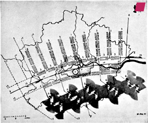 'A Diagrammatic Sketch for London' 1941 from 'The New City - PRINCIPLES OF PLANNING' by Ludwig Hilberseiner, published by Paul Theobald Chicago 1944