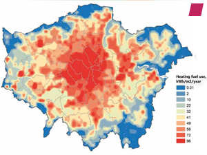 'Heat density in London' from 'The London Plan : Spatial Development Strategy for Greater London' published by the Greater London Authority in July 2011