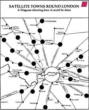 'SATELLITE TOWNS ROUND LONDON A DIAGRAM SHOWING HOW IT COULD BE DONE' prepared by C. B. Purdom and shown at the 1920 Ideal Home Exhibition, fom 'From Garden Cities to New Towns: Campaigning for town and country planning, 1899-1946' by Dennis Hardy published by Taylor & Francis, 1991