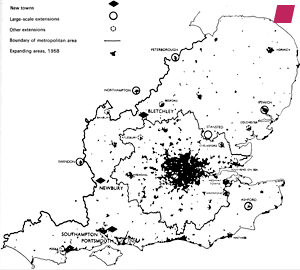 'The South East Study' 1964 from 'New Towns: Regional Planning and Development' by Pierre Merlin, published by Methuen & Co Ltd 1971